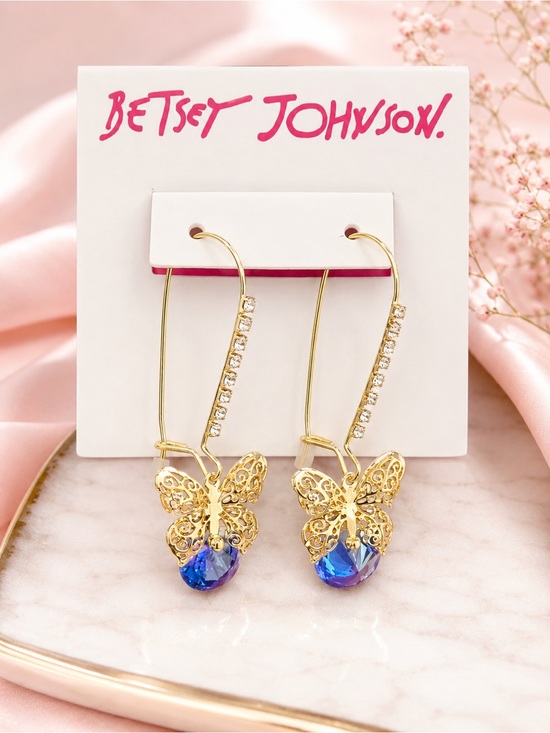 Betsey Johnson Jewelry - Betsey Johnson Gold Butterfly Blue Crystal Rhinestone Drop Dangle Earrings